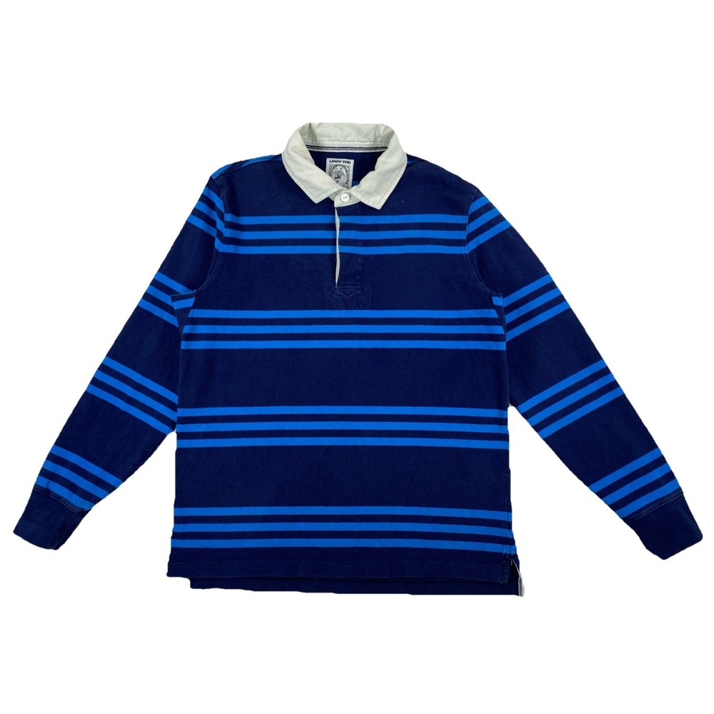Lands End Rugby Long Sleeve Shirt Men's Medium Blue Striped Cotton